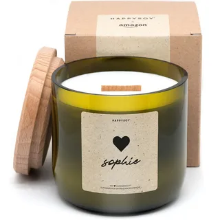 HAPPYSOY Duftkerze No. 4, 450g Sojawachs in hochwertig recyceltem Weinglas - mit Holzdeckel, Holzdocht - nachhaltiges Geschenk - brennt 90-100 Std - Herz, heart, Liebe
