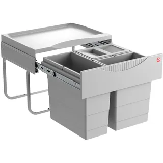 Hailo Raumspar Tandem 3644731 Einbau-Mülltrenner mit 3 Fächern - Küchen-Mülleimer zum Einbauen im Unterschrank - 12 und 2x 8 L - Abfalleimer mit Vollauszug für Drehtür-Schränke ab 50 cm - Hellgrau