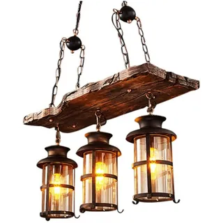 Retro Holz Pendelleuchte Beleuchtung Hängeleuchte E27 Schraube Hängelampe Massivholz Schmiedeeisen Geeignet Für Restaurant Und Bar Nachtbeleuchtung Energiesparlampen,3 heads