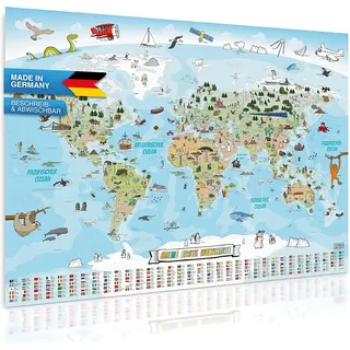 GOODS+GADGETS® Weltkarte Kinder XXL - 140x100 cm Poster, handgezeichnet | Kinderzimmer Poster mit fast 1.000 Illustrationen – beschreibbar, abwischbar, auf Deutsch
