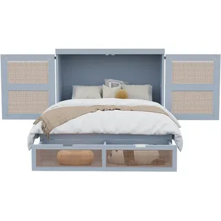 Schrankbett 140x200 cm mit Stauraum – platzsparendes Klappbett im modernen Rattan-Design, grau, ideal für kleine Räume