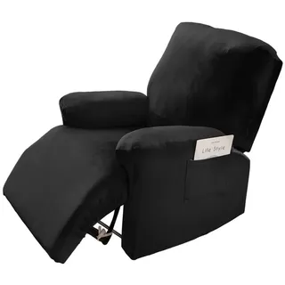 BTTO Sesselhusse Samt Sesselschoner für Relaxsessel 4-Teilig, Stretch Sesselbezug mit Taschen für Fernsehsessel Liege Sessel schwarz