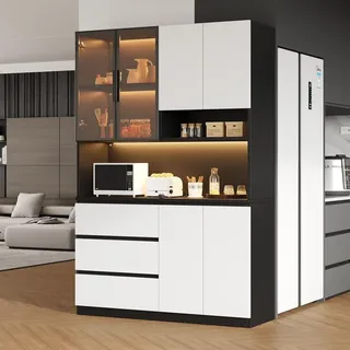 Merax Küchenschrank Küchenvitrine mit LED-Beleuchtung, 3 Schubladen, 6 Türen, Ablagebretter, Multifunktional, Hochschrank, Buffetschrank, Weiß+... - Schwarz
