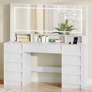 Hzuaneri Große Schminktisch mit LED-Beleuchtung und Steckdosen, Schminktisch mit Große Spiegel, Schminktische mit 9 Schubladen und 3 Offenen Fächern, Schlafzimmer, Modern, Weiß 1180303XEU