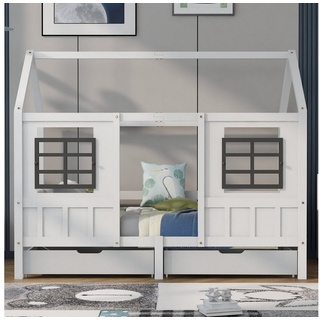 REDOM Kinderbett Einzelbett Tagesbett Hausbett mit 2 Schubladen (weiß (200x90cm), Kinderbett mit 2 Fenstern, Stabiler und sicherer Hausrahmen weiß