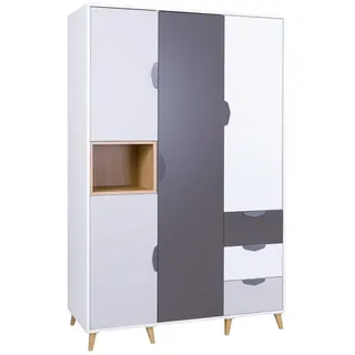 MIRJAN24 Kleiderschrank Joker 01 (4-Drehtüren und 3-Schubladen) mit Kleiderstange, Rollgleitschienen, Skandinavisch grau|weiß