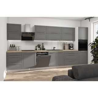 Küchenzeile KVANTUM mit Arbeitsplatte 400cm weiß Fronten MDF dust grey matt HETTICH Vollauszug