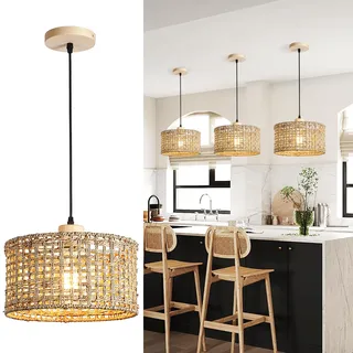 KZT Retro Boho Rattan Pendelleuchte Natürlich Bamboo und Holz E27 Hängeleuchte Handgewebte Bambus Lampenschirm Hängelampe Höhenverstellbar Pendellampe für Wohnzimmer Schlafzimmer Esszimmer Küche Flur