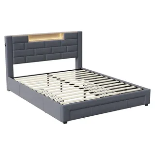 Bett 160 x 200 cm - Doppelbettgestell - Mit Schubladen - Kopfteil mit Stauraum - Mit Lattenrost - Industrial Design - Ohne Matratze - Grau