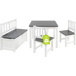 Bomi Kindersitzgruppe Anna mit integrierter Spielzeugkiste | Kinderzimmer-Set inkl. Kindertisch mit 2 Stühlen & Kindertruhenbank | Kindermöbel aus FSC nachhaltigem Kiefern Massiv Holz | Weiß Grau