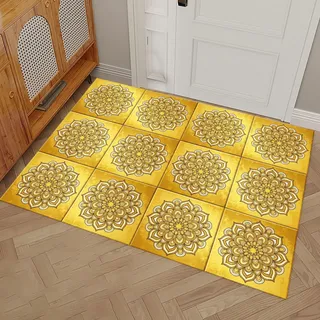DUOTCYELE Mandala-Muster Fussmatte Innen 90 x 150 cm, Europäischer Retro-Stil rutschfest Fußmatte, Waschbar Schmutzfangmatte, Dünn Türmatte Eingangsteppich, Eingangsmatte Für Innenbereich, Gold