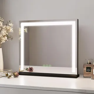 Heilmetz Schminkspiegel mit Beleuchtung für Tisch 50x42cm, Großer Kosmetikspiegel mit 3 Lichtfarben (3000K-6500K), Dimmbarer Standspiegel mit Memory-Funktion, Plug & Play für Schminktisch, Schwarz