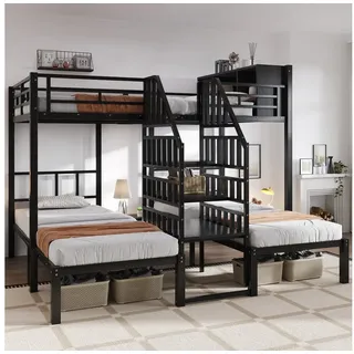 OKWISH Etagenbett Eisenbett Kinderbett (mit drei Schlafplätzen, Handlauf-Treppe & Stauraum oben, 90x200cm & 140x200cm), ohne Matratze schwarz