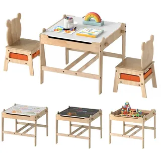 KOMFOTTEU Kindersitzgruppe, Kindertisch mit Stoffkörbe, Stauraum, Maltisch Holz beige