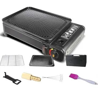 SMH LINE® 2-in-1 Camping Gasgrill Set Campinggrill Balkon-Grill Tischgrill Campingkocher Tragbarer Koffer Gas Grill BBQ inkl. Zubehör Grillgitter Grillpfannenclip Kassettengrill