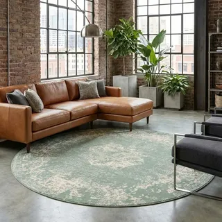 FRAAI | Home & Living Vintage Teppich Rund - Wonder Grün - Ø 100 cm - Polypropylen - Kurzflor - Vintage - Orientalisch - Wohnzimmer, Esszimmer, Schlafzimmer