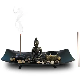 Zen Garten mit Buddha Figur: Nizirioo Dekor Japanischer Räucherstäbchen Halter Buddha Statue mit Natursteinen und Teelichthalter, Sitzende Buddha Statue für Geschenk, Meditation, Entspannung, Dekor