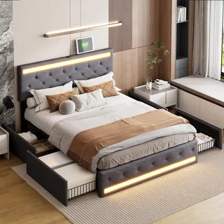 Polsterbett Doppelbett 180x200 cm, Stauraumbett mit 4 Schubladen, Bett 180x200 mit Bettkasten und Lattenrost, LED Kopfteil mit USB Ladestation, Jugendbett Funktionsbett Rückenlehne Bett, Leinen