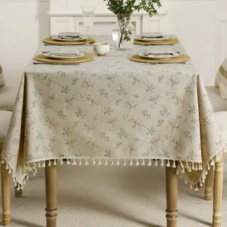 GRASiMOSY Boho-Tischdecke, rechteckig, Herbst-Leinen-Baumwoll-Tischdecke mit Quasten, strapazierfähige Tischdecke mit Blume, Bauernhaus-Tischdecke, dekorativ für Küche, Esszimmer, 140 x 140 cm