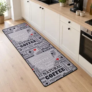 miqna Küchenteppich, Küchenläufer 80x200, Küchenteppich Waschbar rutschfest, Teppich Küche, Coffee Macchiato Design(Grau, 80 x 200 cm)