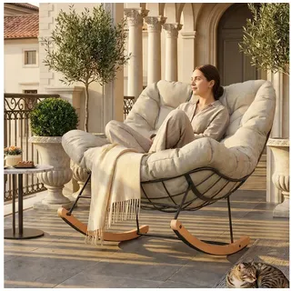FLEXISPOT Schaukelsessel Komfortabler Loungesessel, Gartenliege mit Kopfkissen (mit sanfter Schaukelfunktion, Kopfkissen & stabilem Metallrahmen), ideal für Balkon, Terrasse, Garten & Wohnzimmer beige