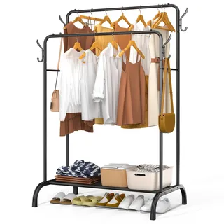 VOUNOT® Kleiderständer, Kleiderstange Doppelt, Garderobenständer Metall mit Schuhregal und 4 seitlichen Haken, Stabil, Schwerlast, für Schlafzimmer Flur Ankleidezimmer, 110x58x150cm Schwarz