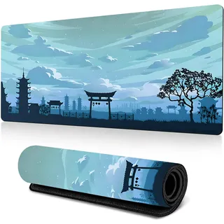Treer Japanischer Stil Mauspad L/XL/XXL,Gaming Mauspad,Mousepad mit Vernähte Kanten, rutschfeste Gummibasis Mousepad Gaming, Mauspad Groß (800x300x3mm,hellblau)