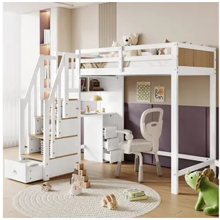Flieks Hochbett Kinderbett 90x200cm mit Stauraumtreppe und Schreibtisch mit Schrank weiß