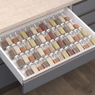Gewürzschubladen-Organizer, 6 Stück transparente Acryl-Gewürzgläser, erweiterbar von 20,3 cm auf 40,6 cm Küchenschränke/Arbeitsplatte, Gewürzregal (passend für kleine Schubladen)