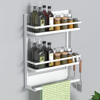 DUNSOO Gewürzregal Wand mit Küchenrollenhalter und 4 Haken, Küchenregal Ohne Bohren aus Edelstahl, Wandregal Hängend für Küchen und Bad Organizer, Weiß