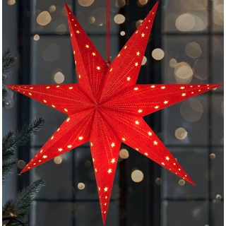 BRUBAKER LED Stern Weihnachtsstern zum Aufhängen - 60 cm Papierstern mit 7 Spitzen, Batteriebetrieben, Hängend und Beleuchtet, LED fest integriert, Warmweiß, 3D Adventsstern - Fenster Deko Leuchtstern rot