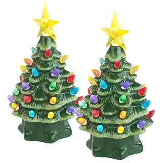 2 Deko-Weihnachtsbäume aus Keramik mit LED-Beleuchtung, Timer, 19 cm