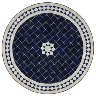 Casa Moro Gartentisch Casa Moro Marokkanischer Mosaiktisch Gartentisch M60-18 Ø 60cm rund blau weiß glasiert mit Gestell Höhe 73 cm Kunsthandwerk aus Marrakesch Dekorativer Beistelltisch Balkontisch, MT2059, Handmade blau