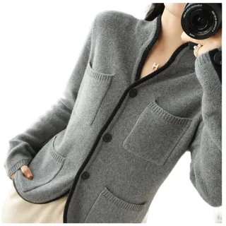 VATIVA Damen-Pullover aus 100 % Kaschmir, Herbst/Winter, Stehkragen, Strickjacke, lässig, Strickoberteil, Jacke (Farbe: Grau, Größe: M) - M