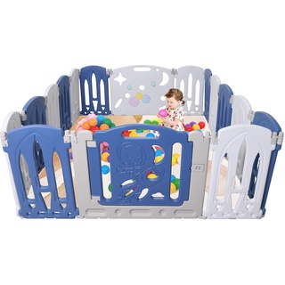 Aufun Laufstall Baby Laufgitter Faltbar Baby Absperrgitter mit Tür und Spielzeugboard, 14+2 Panel Blu+Weiß Baby Absperrgitter, Krabbelgitter Kunststoff(14 Stück)