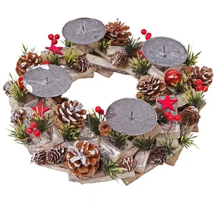 Adventskranz HWC-H50, Adventsgesteck Weihnachtsgesteck, Holz rund Ø 33cm