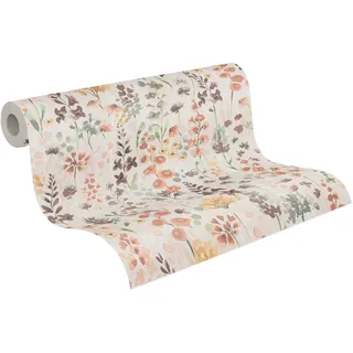 A.S. Création Blumentapete in Beige, Orange, Braun, Grün, Gelb - hochwertige Vliestapete floral 396062 - Designtapete gemalt auf 10,05m x 0,53m - Made in Germany