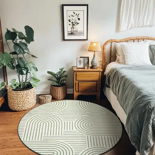 LuxFocus Waschbarer runder Teppich 120 cm, Rutschfester & pflegeleichter Kurzflor mit abstraktem Bogen-Muster, modernes Linien-Design für Wohnzimmer, Hellgrün