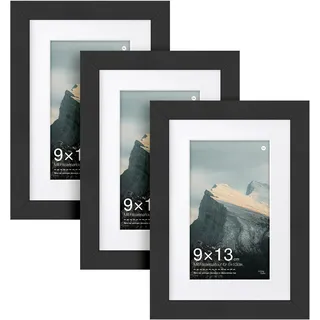 LIVINGTASTE 3 Pack Schwarz Bilderrahmen 9×13 cm MDF Rahmen mit Acrylglas | Fotorahmen mit Passepartout für 6×10 cm für Fotos Zertifikate Poster und Kunstbilder für Wohnzimmer und Büro