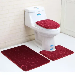 Aisaving Rutschfestes Badematten-Set, superweicher WC- und Badteppich, Memory-Schaum, Kieselstein-Duschmatte, schnell trocknend, Badezimmermatte, Teppich, U-förmige Konturmatte und WC-Sitzbezug, Rot