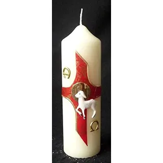 Osterkerze mit LAMM, KREUZ & SYMBOLEN ALPHA UND OMEGA – Christliche Kerze zu Ostern, Höhe 165 mm Ø 50 mm – für Gottesdienst, Hausaltar oder Geschenk – MaMeMi Qualität