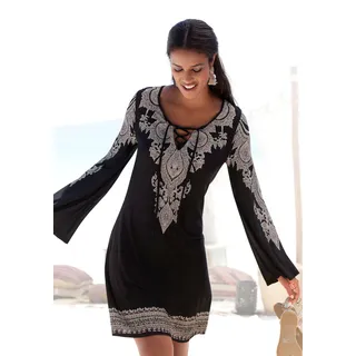 Jerseykleid LASCANA Gr. 46, N-Gr, schwarz (schwarz, bedruckt) Damen Kleider Strandkleider mit Bordürendruck und Schnürung am Ausschnitt, Sommerkleid Bestseller