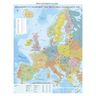 Große Europakarte mit Laminierung (beschreib- und abwischbar, reißfest), 90 x 123 cm, mit Flaggen, Bundesländern und Schengenraum