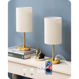 EDISHINE LED Nachttischlampe Touch Dimmbar 2er Set, Tischlampe Modern, Kleine Lampe, mit Ladefunktion, 2 USB Anschlüsse, mit Kabel, für Schlafzimmer, Wohnzimmer, Fensterbank, Geschenk, Gold