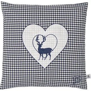 myZirbe Zirbenkissen Bestickt mit Hirsch und Herz blau karriert Größe 40x40 cm befüllt mit Zirbenflocken aus Zirbenholz