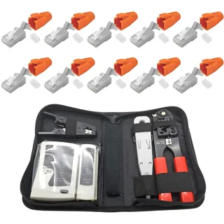 ARLI RJ45 Netzwerk Werkzeug Set 10x Netzwerkstecker Netzwerk Stecker Modular Zugentlastung Einführhilfe für Verlegekabel Cat7 Cat6a Cat8.1 Crimpzange Abisolierer LSA Anlegewerkzeug Netzwerktester