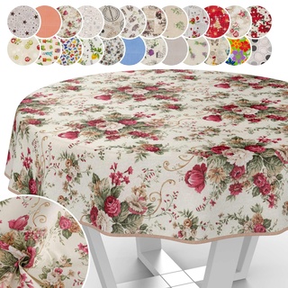 Tischdecke aus Stoff Textil abwaschbar Tischwäsche Tischtuch Baumwolle Polyester Roses Rund 100cm In-/Outdoor Tischdecke