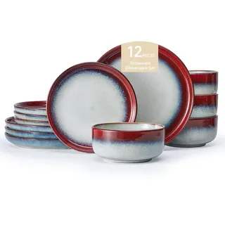 HIKAA Steingut Geschirrset 4 Personen, Landhausstil Teller Set 12tlg. Rot | Tafelservice 4 Personen Mikrowellen und Spülmaschinenfest,Kratzfest Geschirr Set,Vintage Service & Geschirrsets,Kombiservice