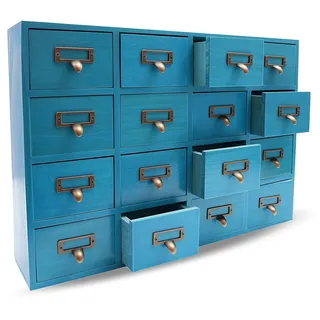 TkkMivcOC Apothekerschrank Holz, Vintage Medizinschrank Medikamentenschrank mit 16 Schubladen, Tischplatte Schubladenschrank Schubladenbox für Haushalte Büros Werkstätten, 50.5x9.5x35cm, Blau