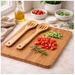 Hti-Living Schneidebrett mit Kochbesteck Set 3-teilig Beige